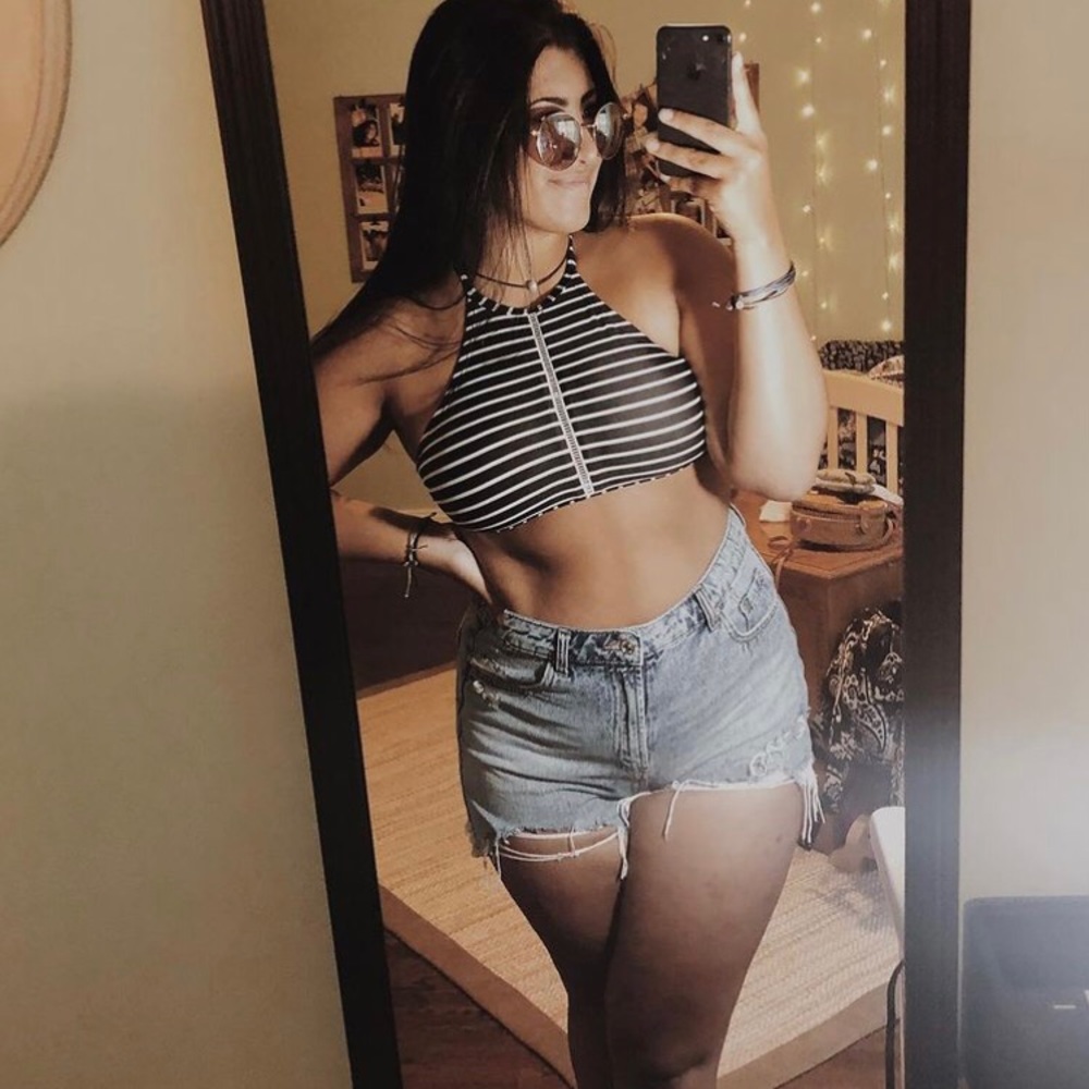 highneck black and white bathing suit top